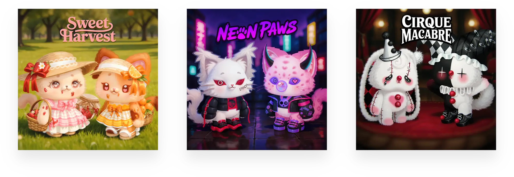 Sweet Harvest, Neon Paws, and Cirque Macabre Snugglins